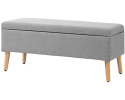 110 x 39 x 45 cm Grijze Zitbank met Opbergruimte, Gestoffeerde Opbergbank, Zitkist met Klep, Bedbank, Halbank, Voetenbank, Bank met Linnenlook Bekleding en Houten Poten, Scandinavische Zitbank voor Slaapkamer, Woonkamer en Hal