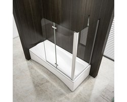110x70x140cm Badscherm Badwanden Badwand 2 panelen vouwbaar met vast zijwand,6mm NANO helder ESG-veiligheidsglas,profiel van glanzend chroom