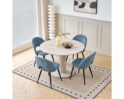 115 cm, ronde eettafel met 4 eettafelstoelen, keukentafel van MDF (travertijn nerf) en 4 gestoffeerde stoelen voor keuken, eetkamer, woonkamer en kantoor (grijze tafel + blauwe stoelen)