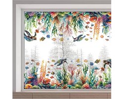 116x38cm Large Sea Creatures Venster Plakstickers - Schildpad - Vis - Zeegras - Herbruikbare Dubbelzijdige Raamstickers - Niet-adhesieve Glazuur Film voor Thuis - Slaapkamer - Badkamer Decor