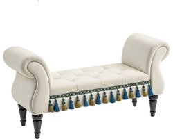 117 x 40 x 58 cm Beige Gestoffeerde Zitbank, Vintage Bank, Polsterbank, Bedbank, Halbank, Schoenenbank, Bank met Knoopafwerking, Gewatteerde Zitbank met Houten Poten, Klassieke Zitbank voor Slaapkamer, Woonkamer en Hal