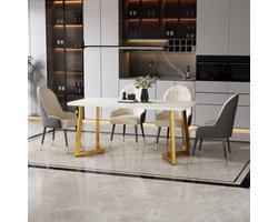 117x68cm eettafel, (1 stuk), metalen frame, rechthoekige eettafel gemaakt van modern marmerpatroon, keukentafel met metalen poten voor eetkamer, goud en wit