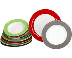 12-delig servies VARIANT TRIO voor 6 personen gemaakt van porselein - 2x elk rood, grijs & groen