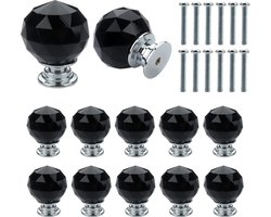 12-delige 30 mm kristallen bol glazen diamanten deurknoppen met schroeven, premium licht luxe knoppen kledingkast kast ladeknoppen enkele gat knoppen (zwart)