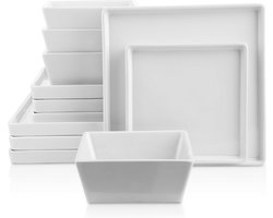 12-delige Aardewerk Servies Set - Wit, Vierkant Design