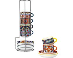 12-delige Bohemian Porseleinen Kopjeset 5 oz – Met Schotels en Metalen Houder voor Espresso, Cappuccino, Latte & Thee