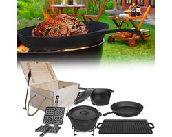 12-Delige Dutch Oven Set In Een Houten Doos Met Dutch Oven, Meer Accessoires, Waaronder Een Voorgekruide Kookpot, Grillplaat, Pan, Deksellifter, Gietijzeren Wafelijzer, Receptenboek, Handschoenen, Zwart