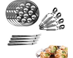 12-delige Escargot Set – RVS Slakkenbord met Slakkentangen & Vorkjes – Slakkenservies voor Gevulde Escargots – Escargot Bestek & Slakkenhouder – Voor Voorgerecht / Diner / Kerstdiner – Zilver