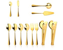 12-delige gouden serviesset, roestvrijstalen bestekset inclusief serveervorken, schuimspaan, tang, botermes, taartschep, soeplepel voor feesten, buffetten, banketten, keukens, hotels