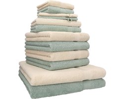 12-delige handdoekenset, premium 100% katoen, 2 douchehanddoeken, 4 handdoeken, 2 gastendoekjes, 2 zeepdoekjes, 2 washandjes, kleur zand/hooigroen