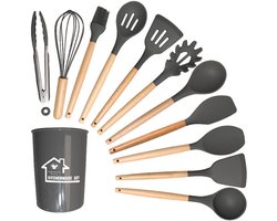 12-delige Itagala siliconen keukengerei set met houder| Keukengerei set | Keukengerei | Keukengerei houder | Spatelpot | Keukenset | Kookgerei set | Keukengerei pot | Spatel silicone | Keukentang | Pannenlikker | Anti aanbak | Grey | BPA en Kras vrij