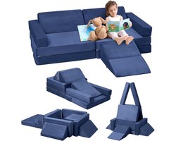 12-Delige Modulaire Speelbank voor Kinderen - Opvouwbare Kinderbank met Schuimblokken - Speelkussen Set - Zachte & Wasbare Hoes - Multi-Stijl - Blauw