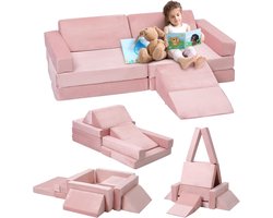12-Delige Modulaire Speelbank voor Kinderen - Opvouwbare Kinderbank met Schuimblokken - Speelkussen Set - Zachte & Wasbare Hoes - Multi-Stijl - roze