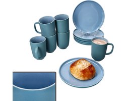 12-delige ontbijtset Jasper oceaanblauw voor 6 personen gemaakt van steengoed - 6x 414271 + 6x 414356