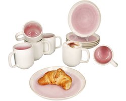 12-delige ontbijtset REACTIVE GLAZE PARIS crème & roze steengoed voor 6 personen