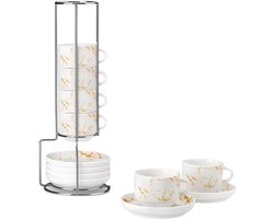 12-delige Porseleinen Kopjeset 3 oz – Zwart & Wit met Schotels en Metalen Houder voor Cappuccino, Espresso, Latte & Thee – Wit