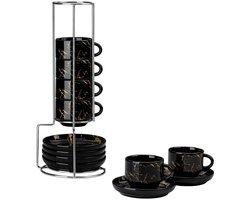 12-delige Porseleinen Kopjeset 9 oz – Zwart & Wit met Schotels en Metalen Houder voor Cappuccino, Espresso, Latte & Thee – Zwart