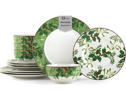 12-delige Porseleinen Servies Set met Kerstboomversiering Rond Groen Wit