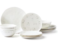 12-Delige Porseleinen Servies Set Wit met Grijze Accent, 4 Personen