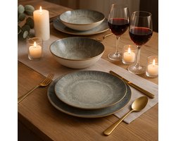 12-delige Porseleinen Serviesset Elysian – Groen/Beige – 4 Dinerborden, 4 Dessertborden & 4 Kommen