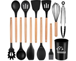 12-Delige Premium Keukenset - Siliconen Kookgerei met Houten Handvatten | BPA-vrij & Hittebestendig (300°C) | Inclusief 9 Tools + Opbergstandaard (Zwart)