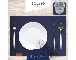 12-delige premium placemats van vilt, placemat, 42 x 32 cm, afwasbaar, vilten onderzetters, placemats, onderzetters, borden, placemats + glazen onderzetters, echt hout, geschikt voor tafel, blauw, nachtblauw