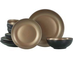 12-delige Serviesset in Goud en Koper - Elegante Bordenset van Aardewerk