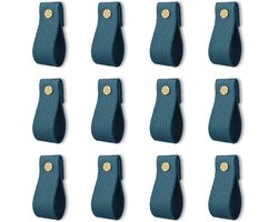 12-delige set leren ladehandgrepen, handgemaakte leren handgrepen, leren grepen, kastbeslag, ladehandgrepen Geschikt voor kaptafels, kastdeuren en kledingkasten (blauwgroen)