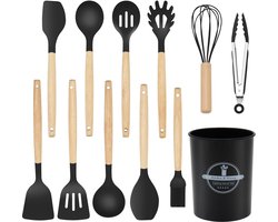 12-delige Siliconen Keukengerei Set met Houten Handvat - Anti-aanbak & Hittebestendig Kookgerei (230°C) - Inclusief Spatel, Lepel, Keerspatel, Tang, Garde - Geweldig voor Thuiskoks - Zwart