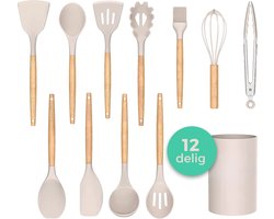 12-delige Siliconen Keukengerei Set met Houten Handvatten en Opbergkoker - Non-Stick - Hittebestendig Kookgerei - Krasvrij - Anti-aanbak - Beige