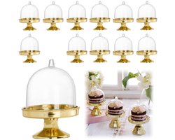 12-delige taartstandaard - dessert weergave plaat - mini dessertstandaard - chocolade displaydoos - patisserie voorraadpot - Met transparante stofkap - geschikt voor verjaardagen, bruiloften, feestjes en bijeenkomsten (7*5 cm - goud)