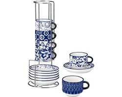 12-delige Witte Porseleinen Kopjeset 4 oz – Met Schotels en Metalen Houder voor Espresso, Cappuccino, Latte & Thee – Wit