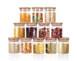 12 Glazen Voorraadpotten met Bamboe deksel - Voorraadpotten Glas Met Deksel - 150 ML - 12 Delige Set - Stapelbare glazen kruidenpotten - Kruidenpotten - Kruidenorganizer - Voorraadbussen - Glazen potten - Thee opbergcontainers