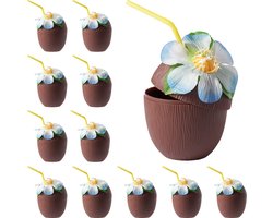 12 Herbruikbare Plastic Kokosbekers, Drinkbekers met Rietjes en Bloemen - Verjaardagen, Themafeest , Tuin, Zwembad en Strandfeesten