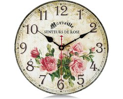 12 Inch Stille Niet-Tikkende Houten Roze Rozenbloemen Wandklok Op Batterijen, Vintage Shabby Chic Rustieke Boerderij Keukenklokken Wanddecoratie voor Woonkamer Slaapkamer Kantoor