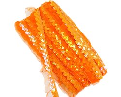 12 m, 25-30 mm, vintage glitterpailletten, organza, ruches, boorden, kantband, paillettenband, kanten rand, decoratieband, sierband, pailletten, linten, plissé-randen voor doe-het-zelf naaien, bruiloft, kostuums, decoratie, oranje