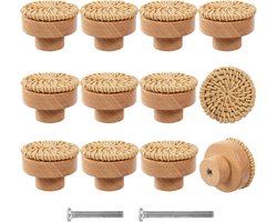 12-pack Boho houten ladekastknoppen - handgemaakte rotan geweven kastknop trekt met 24 schroeven voor thuis kindermeubilair