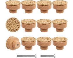 12-pack Boho houten ladekastknoppen - handgemaakte rotan geweven kastknop trekt met 24 schroeven voor thuis kindermeubilair