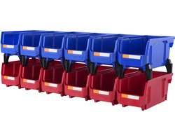 12-Pack Kunststof Opbergbakken, 11“ X 5” X 5” Hangende Stapelbare Organizerbakken, Duurzaam voor Kast, Keuken, Kantoor, voorraadkast, Blauw/Rood