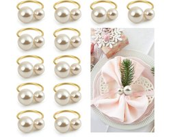 12 Servetringen Goudkleurig - Parels - Servettenhouder - Vintage Tafeldecoratie voor Bruiloft Feest Kerst Verjaardag