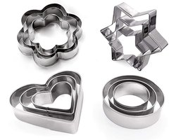 12 STKS Hart Bloem Ronde Ster Vorm Cookie Cutter Set - RVS Metalen Mallen - Gebak Bakken Mould Biscuit Pastry Cutters - Cake Cutter - DIY Bakken