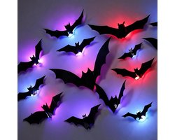 12 Stuks 3D Halloween Vleermuis LED Verlichting - Binnen Wanddecoratie met Lichtgevende Gloed - Feestverlichting voor Thuis, Bar & Halloween Feest - Zelfklevend - Griezelige Sfeer - Batterijgevoed - Creëer een Enge Sfeer - Zwart
