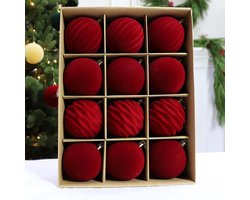 12 stuks 6 cm rode fluwelen kerstballen - Kerstballen - 6 cm rode gevlokte kerstbal - ornamenten - onbreekbare kerstballensets - voor kerstboom, vakantie, thuis, kerstfeest, decoratie (3 stijlen)