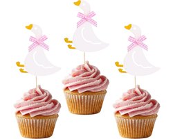 12 Stuks Crazy Goose Cupcake Toppers - Schattige Witte Gans Verjaardagstaart Decoraties met Strik - Grappige Feestdecoraties voor Kinderen en Babyshowers (Roze)