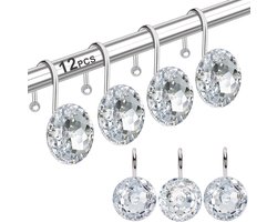 12 stuks - Douchegordijnhaken voor in de badkamer - Roestvrije decoratieve strass-steentjes - Douchegordijnringen en haken - Geschikt voor douchegordijnen, kleding, handdoeken, enz.