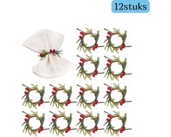 12 stuks - Kerstversieringen - Servetringen - Kerstkransen - Kandelaarringen - Met dennennaalden en rode bessen - Natuurlijk en sfeervol - Kersttafelversieringen - Geschikt voor Kerstmis - Groen