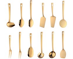 12 stuks Keukengereedschap Set Roestvrijstaal Goud - Met Hanglus - Vaatwasserveilig