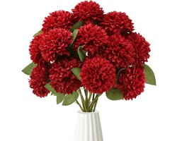 12 stuks kunstmatige chrysant bolletjes decoratiebloemen - Zijden imitatiebloemen - Voor bruid en bruiloft hoofdtafel decoratie, feest, huis, tuin en DIY decoratie (Rood)