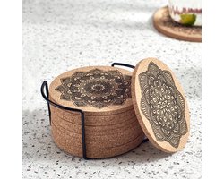12 stuks Kurken Onderzetters met houder voor Glazen met Mandala-Prints - Stijlvolle en Natuurlijke Bescherming voor Uw Tafel - Rond - Duurzaam - Antislip - Hittebestendig