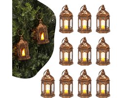 12 stuks - LED-kaarslantaarns - Kerstboomversiering - Kerstornamenten- Mini-lantaarn - Vintage LED-vlamloze kroonluchters -voor kerst/bruiloften/tafeldecoratie -Vintage glazen kandelaar lantaarn - Interieurdecoratie - Brons